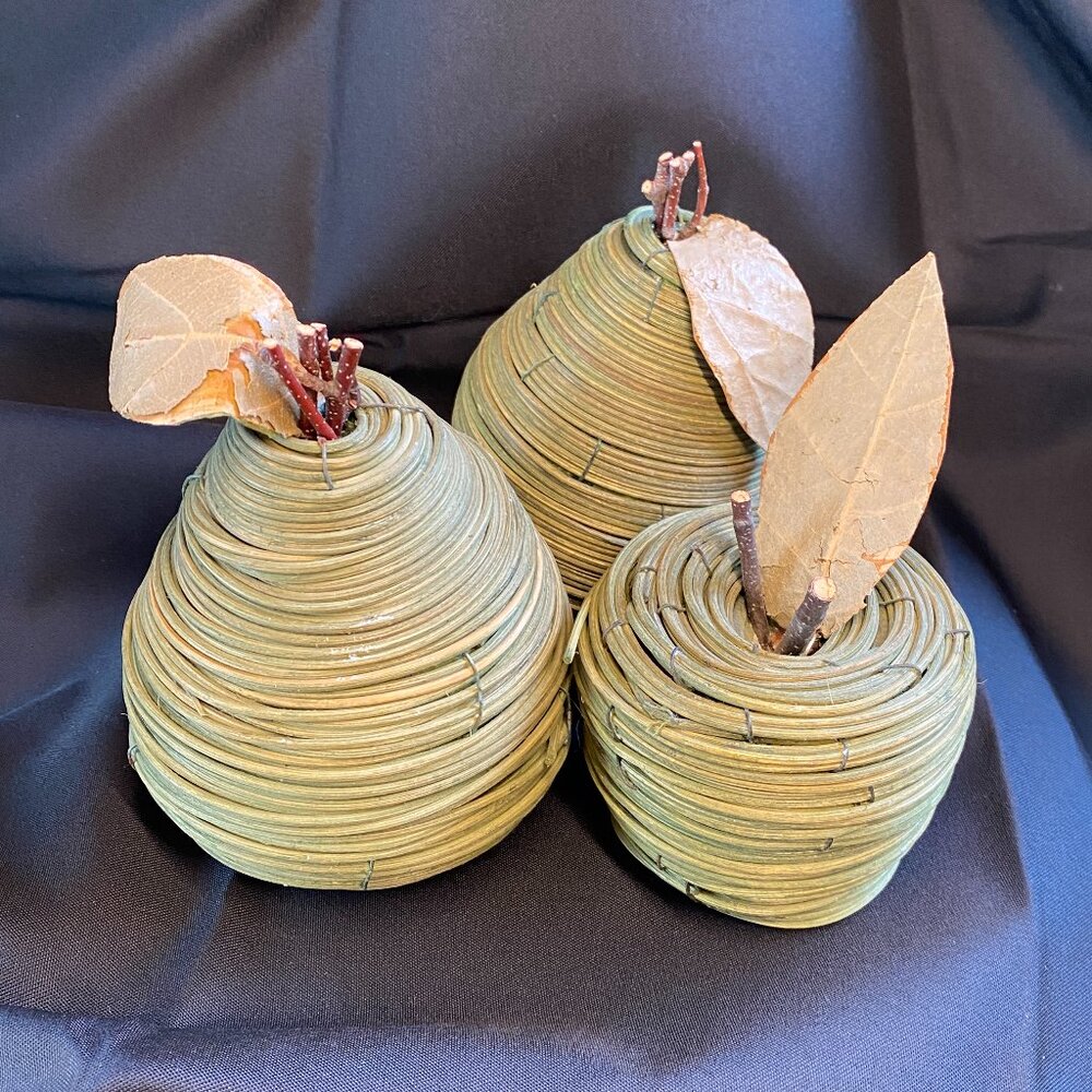 Decorative Artificial/Faux Green Look Boho 2 Pears & 1 Apple of Wicker/Rattan